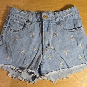 Blue and White Jean Shorts with Frayed Hem and Distressed Details